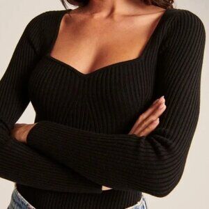 Black Ribbed Sweetheart Neckline Bodysuit - Abercrombie & Fitch